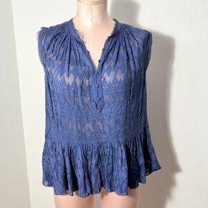 Rebecca Taylor Navy Diamond Embroidered Sheer Blouse Size L